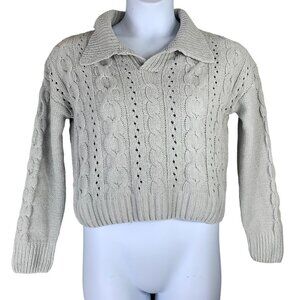Hazel Moon Size Small Sweater Loose Knit Collared Cropped Gray Long Sleeved